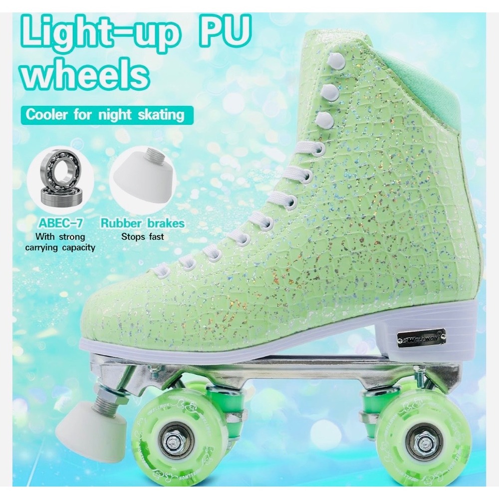 NEW Wellwon Girls 4 Youth Sparkling Mint‎ Green Light Up Wheel Roller Skates - Picture 4 of 10
